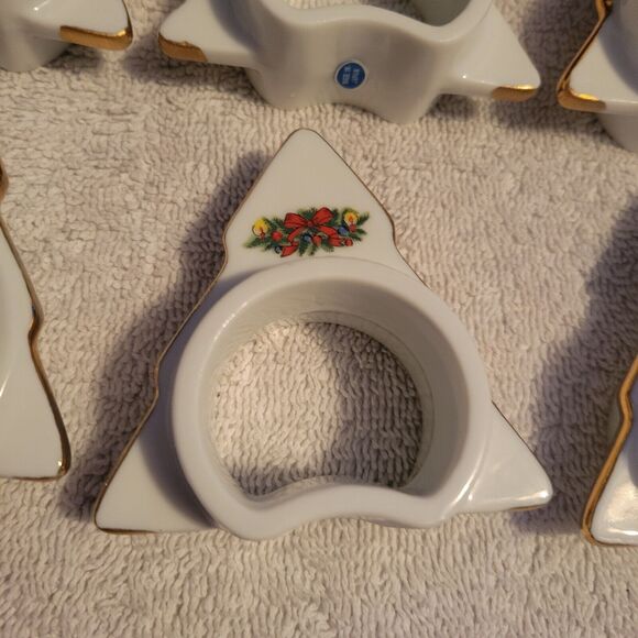 Christmas Porcelain Napkin Set 6 Rings Vtg 1988 Hand Painted 24K Gold Trim-Japan - Picture 5 of 7